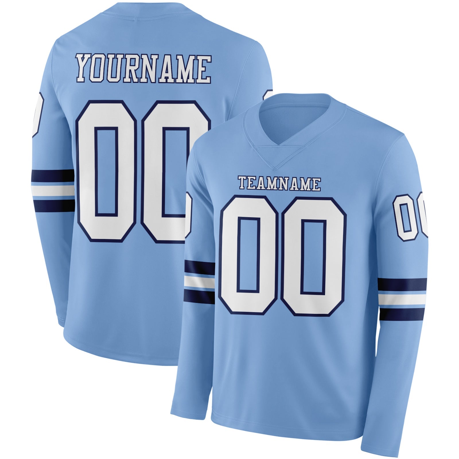 Custom Light Blue White-Navy Long Sleeve Authentic Football Jersey - Main View