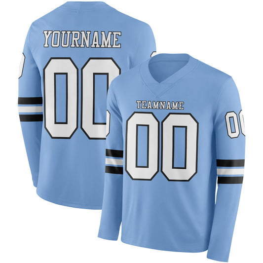 Custom Light Blue White-Black Long Sleeve Authentic Football Jersey - Main View