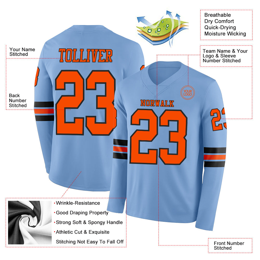 Custom Light Blue Orange-Black Long Sleeve Authentic Football Jersey view 2