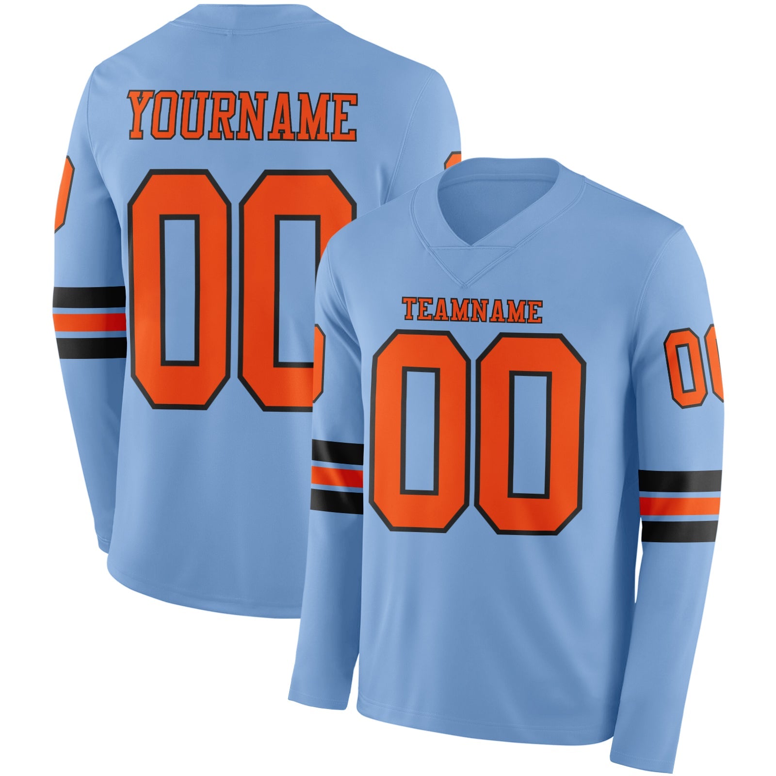 Custom Light Blue Orange-Black Long Sleeve Authentic Football Jersey - Main View