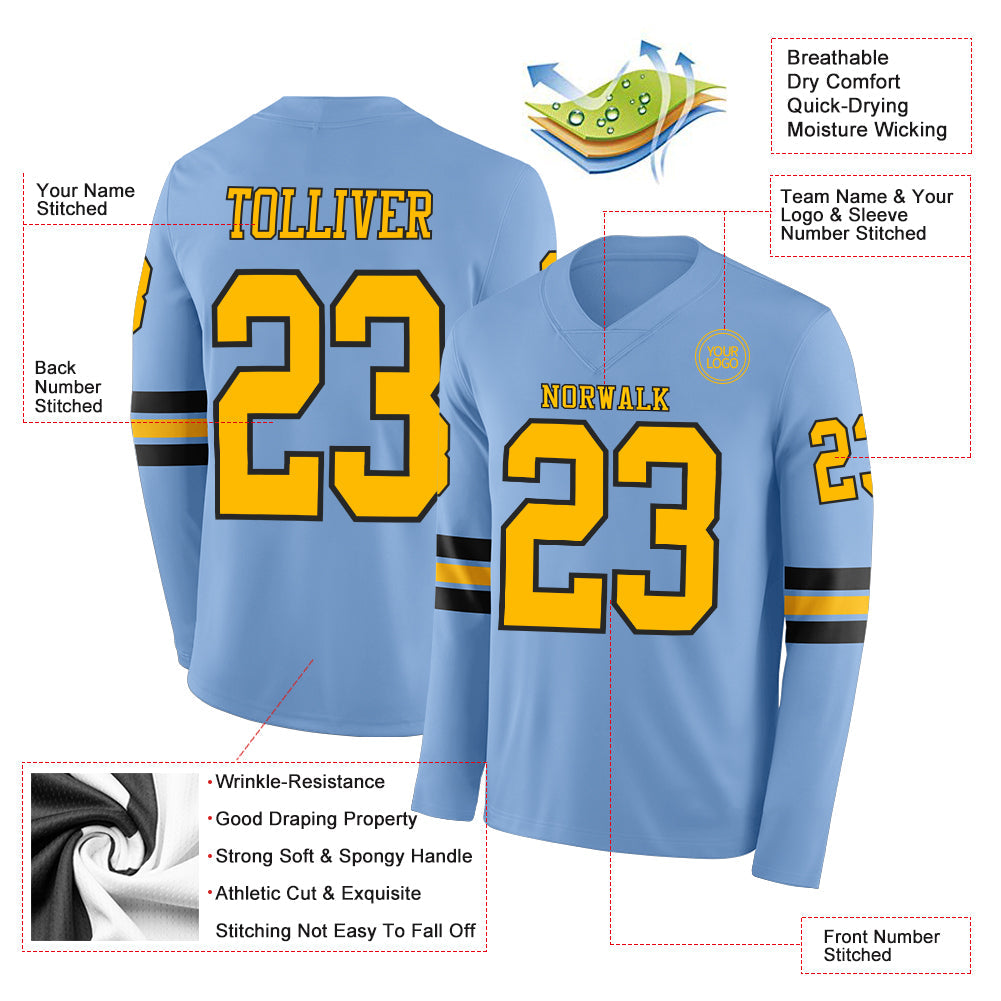 Custom Light Blue Gold-Black Long Sleeve Authentic Football Jersey view 2