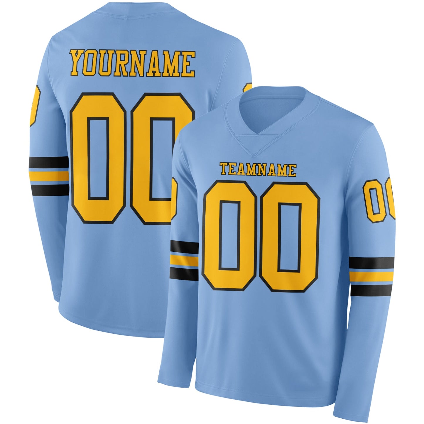 Custom Light Blue Gold-Black Long Sleeve Authentic Football Jersey - Main View