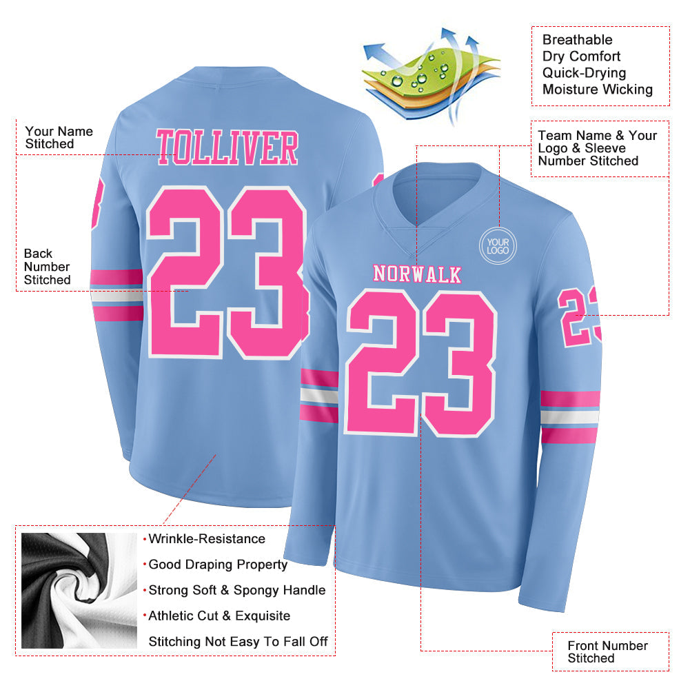 Custom Light Blue Pink-White Long Sleeve Authentic Football Jersey view 2