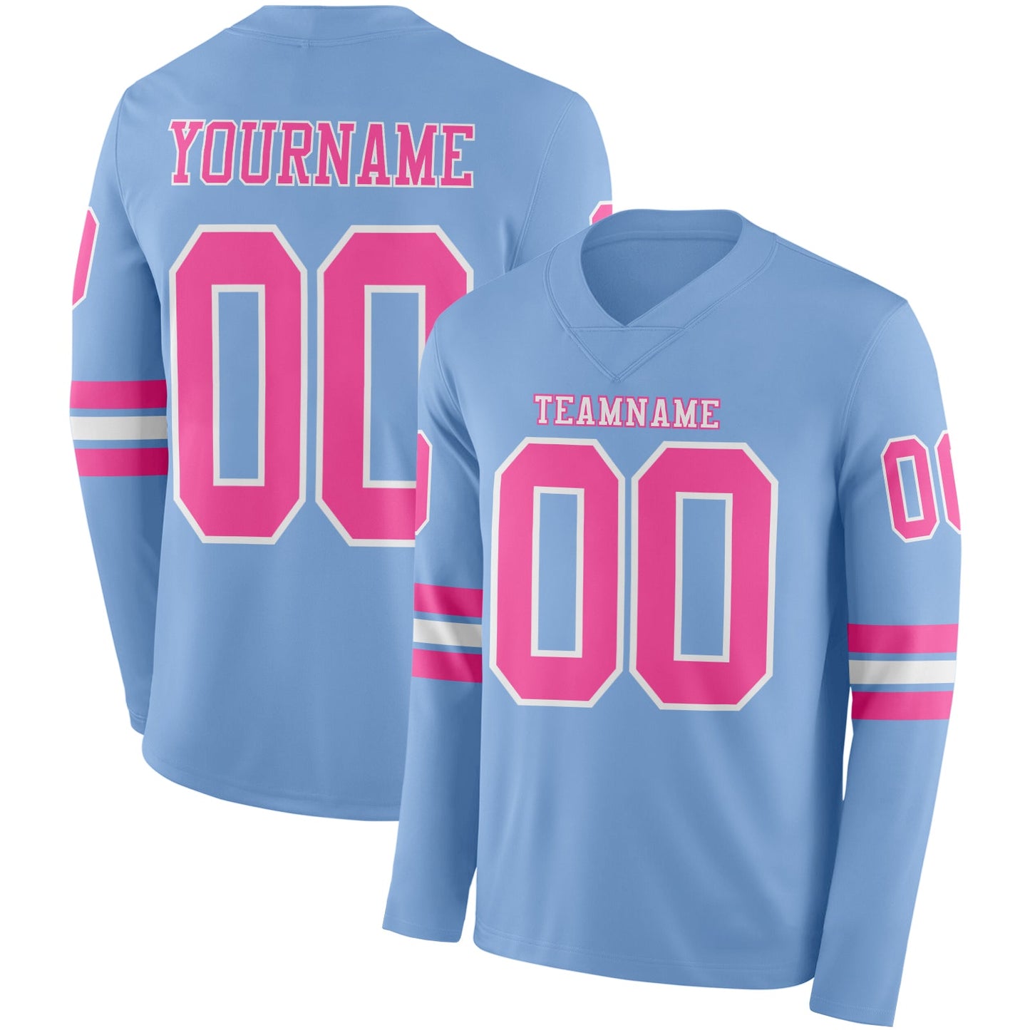 Custom Light Blue Pink-White Long Sleeve Authentic Football Jersey - Main View