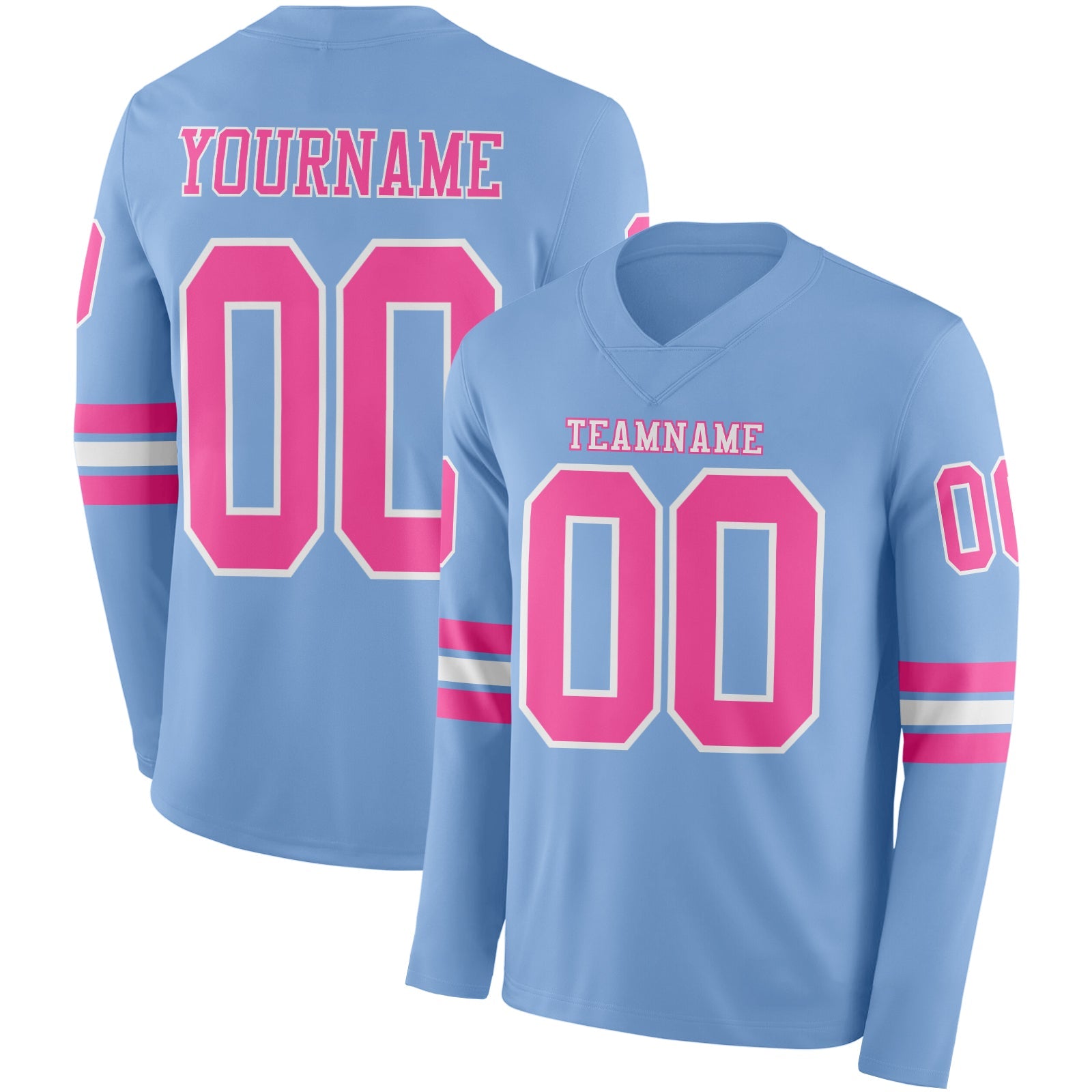 Custom Light Blue Pink-White Long Sleeve Authentic Football Jersey - Main View
