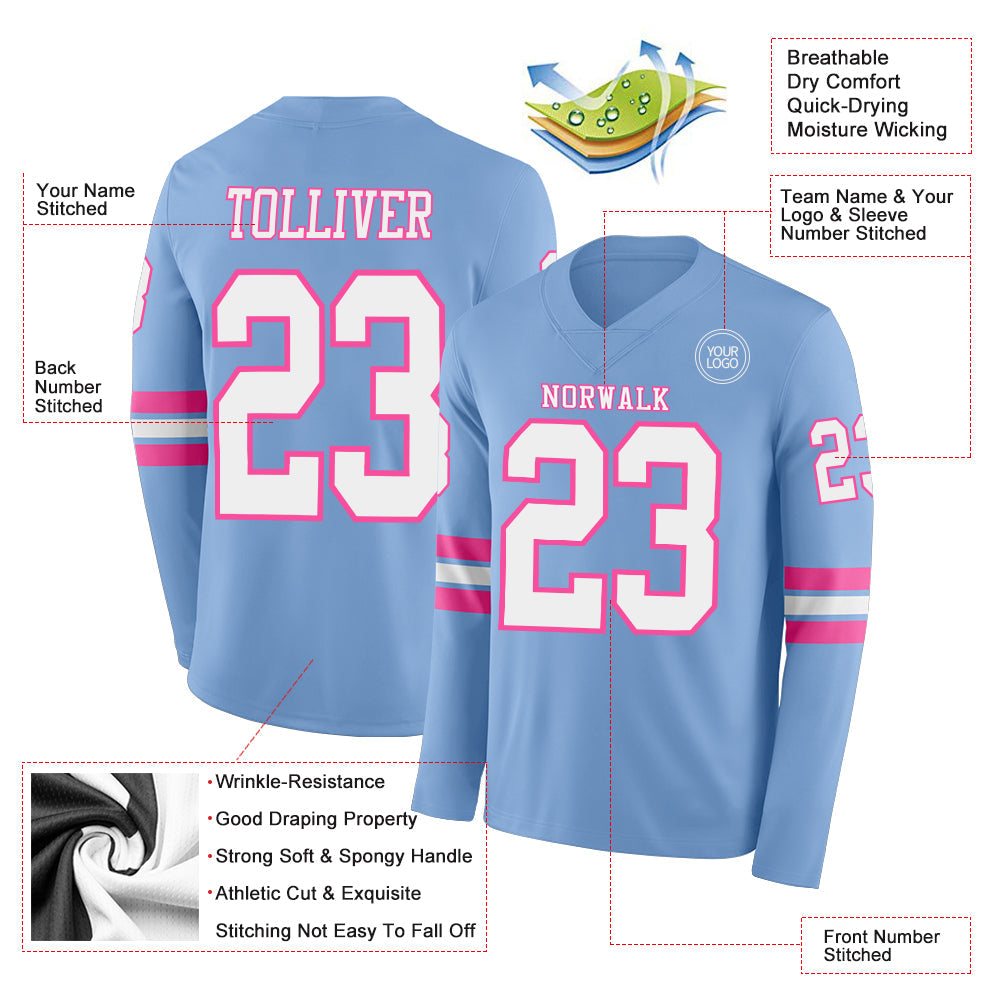 Custom Light Blue White-Pink Long Sleeve Authentic Football Jersey view 2