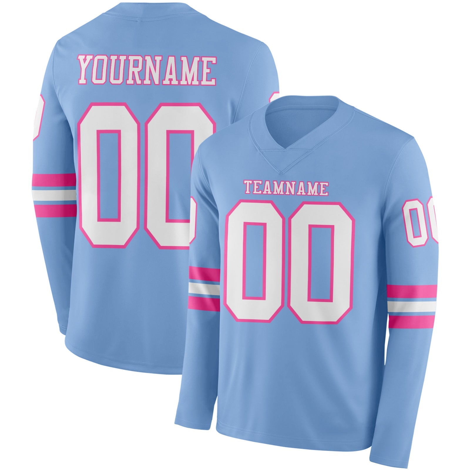 Custom Light Blue White-Pink Long Sleeve Authentic Football Jersey - Main View