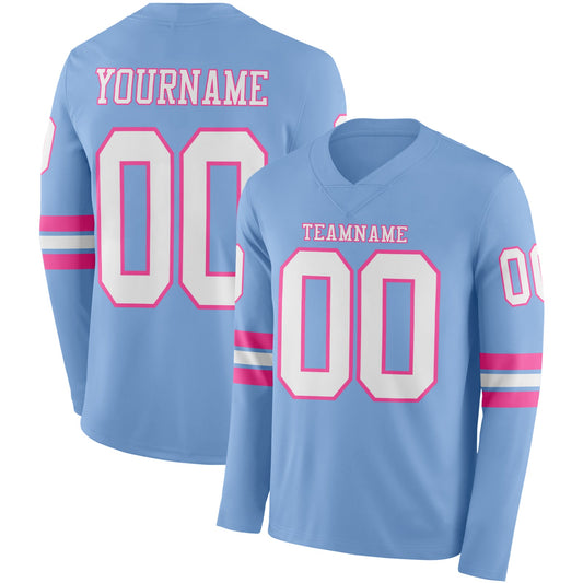 Custom Light Blue White-Pink Long Sleeve Authentic Football Jersey - Main View
