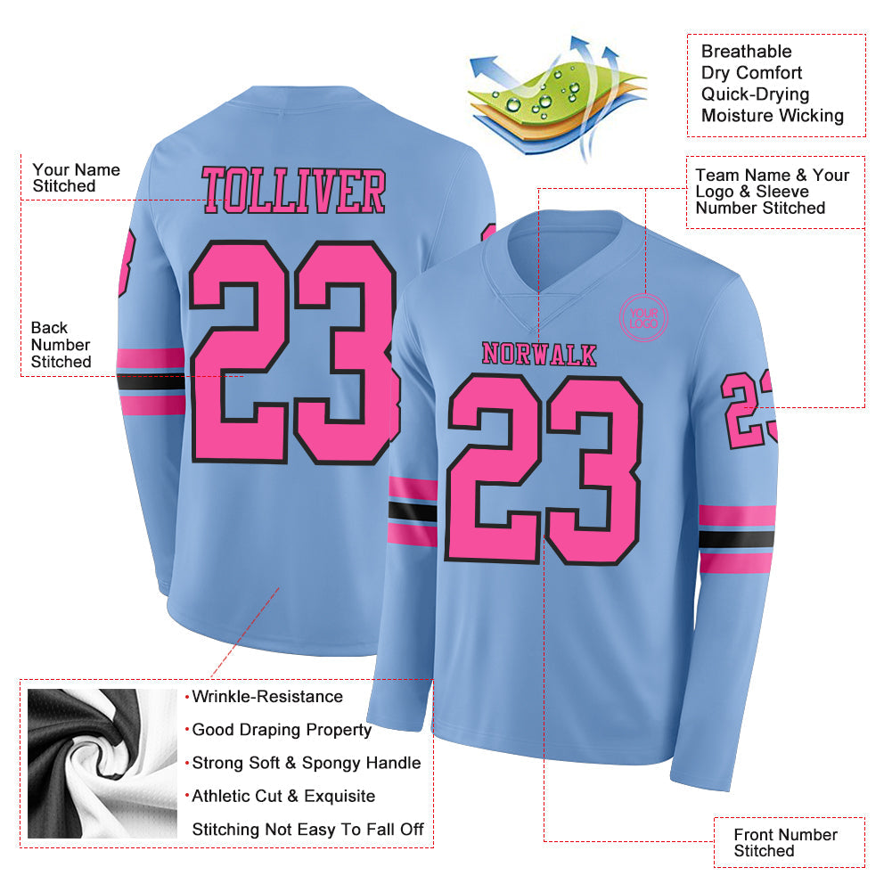 Custom Light Blue Pink-Black Long Sleeve Authentic Football Jersey view 2