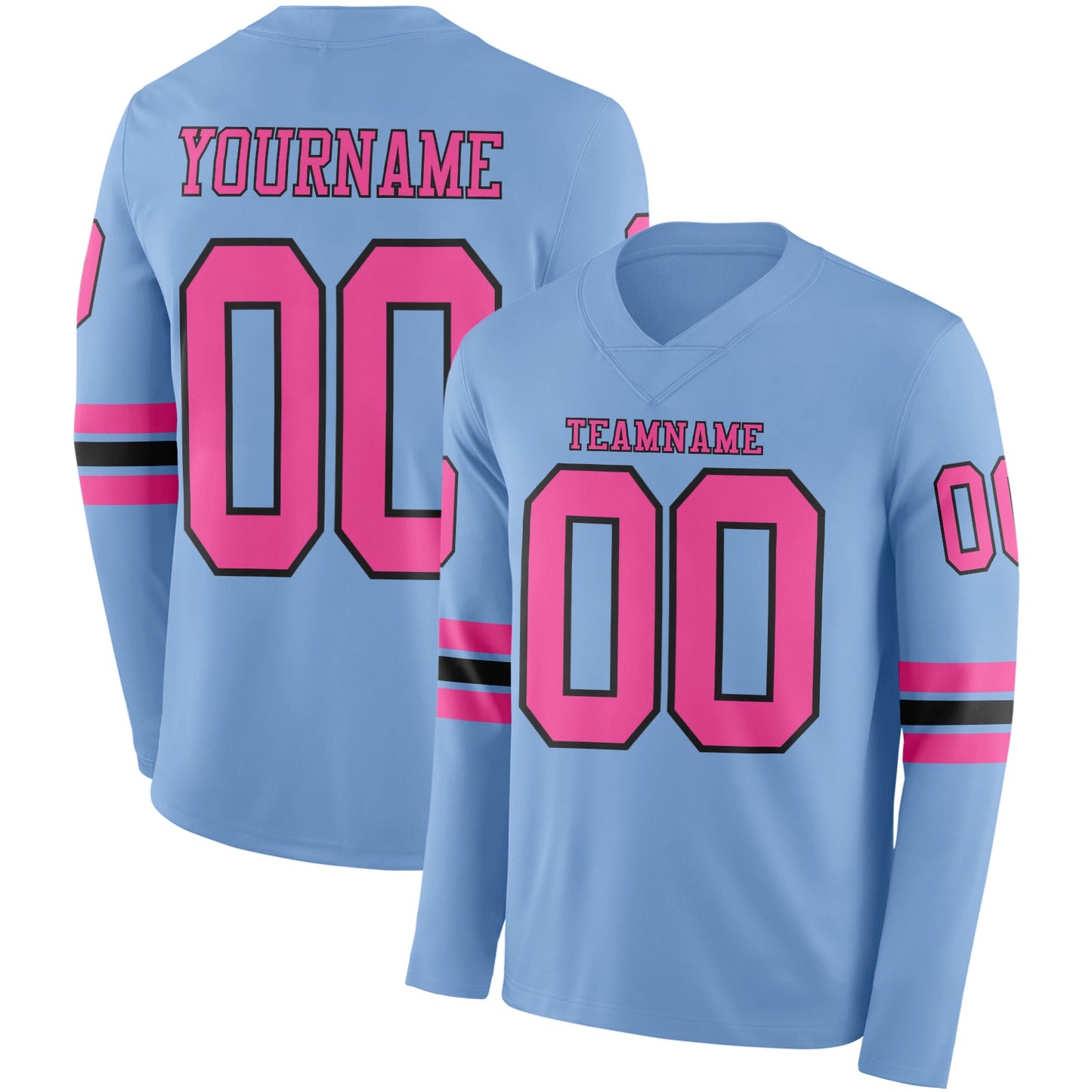 Custom Light Blue Pink-Black Long Sleeve Authentic Football Jersey - Main View