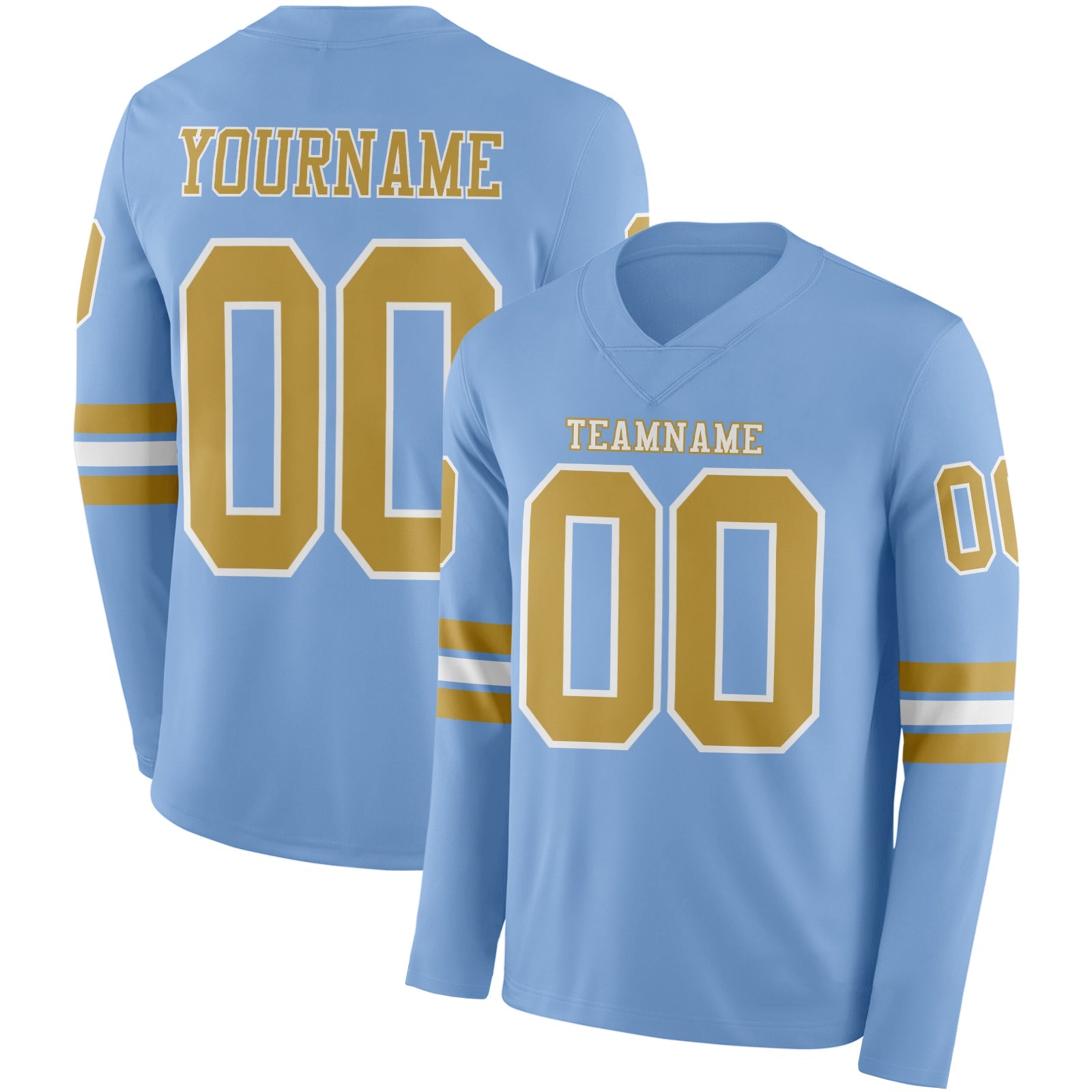 Custom Light Blue Old Gold-White Long Sleeve Authentic Football Jersey - Main View
