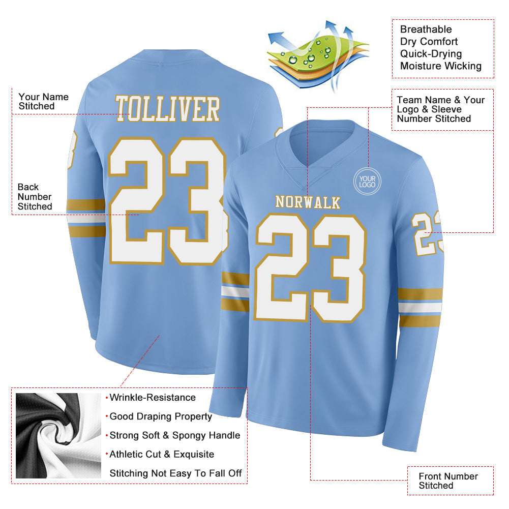 Custom Light Blue White-Old Gold Long Sleeve Authentic Football Jersey view 2