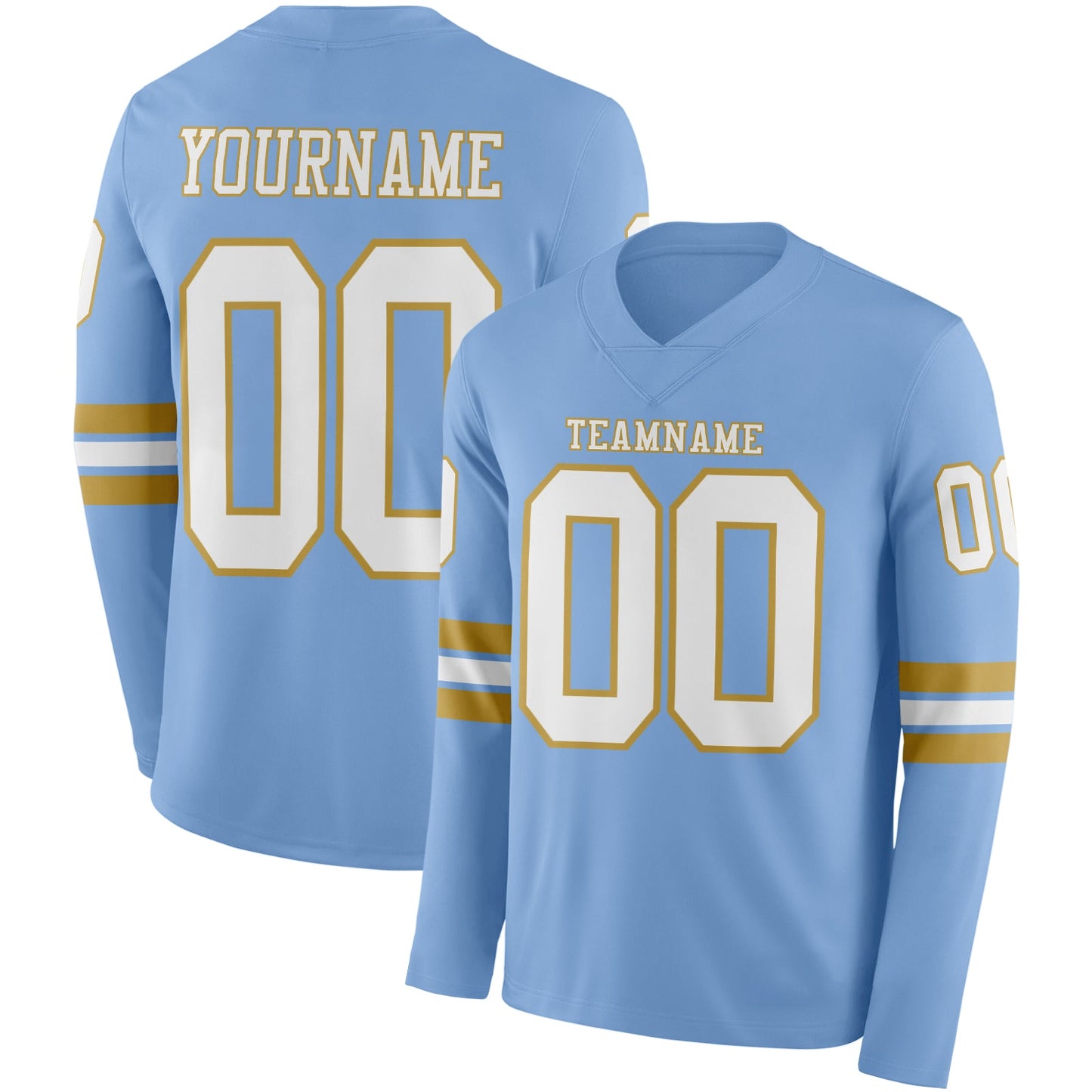 Custom Light Blue White-Old Gold Long Sleeve Authentic Football Jersey - Main View