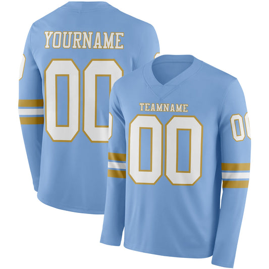 Custom Light Blue White-Old Gold Long Sleeve Authentic Football Jersey - Main View