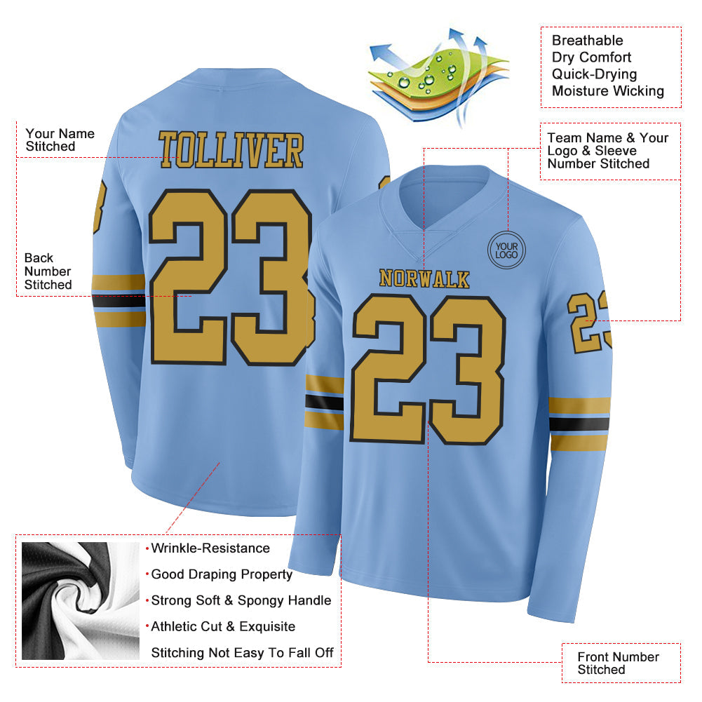 Custom Light Blue Old Gold-Black Long Sleeve Authentic Football Jersey view 2