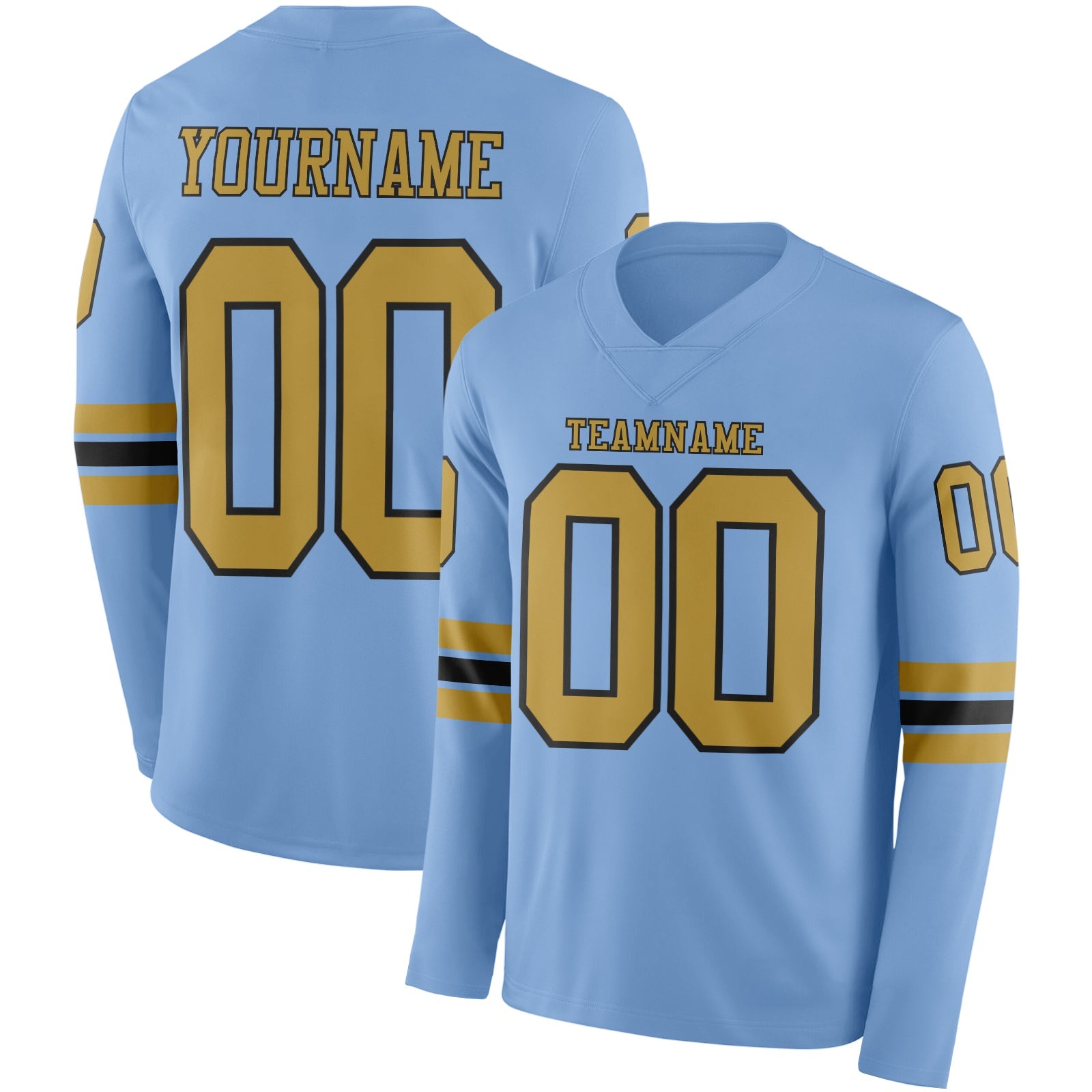 Custom Light Blue Old Gold-Black Long Sleeve Authentic Football Jersey - Main View