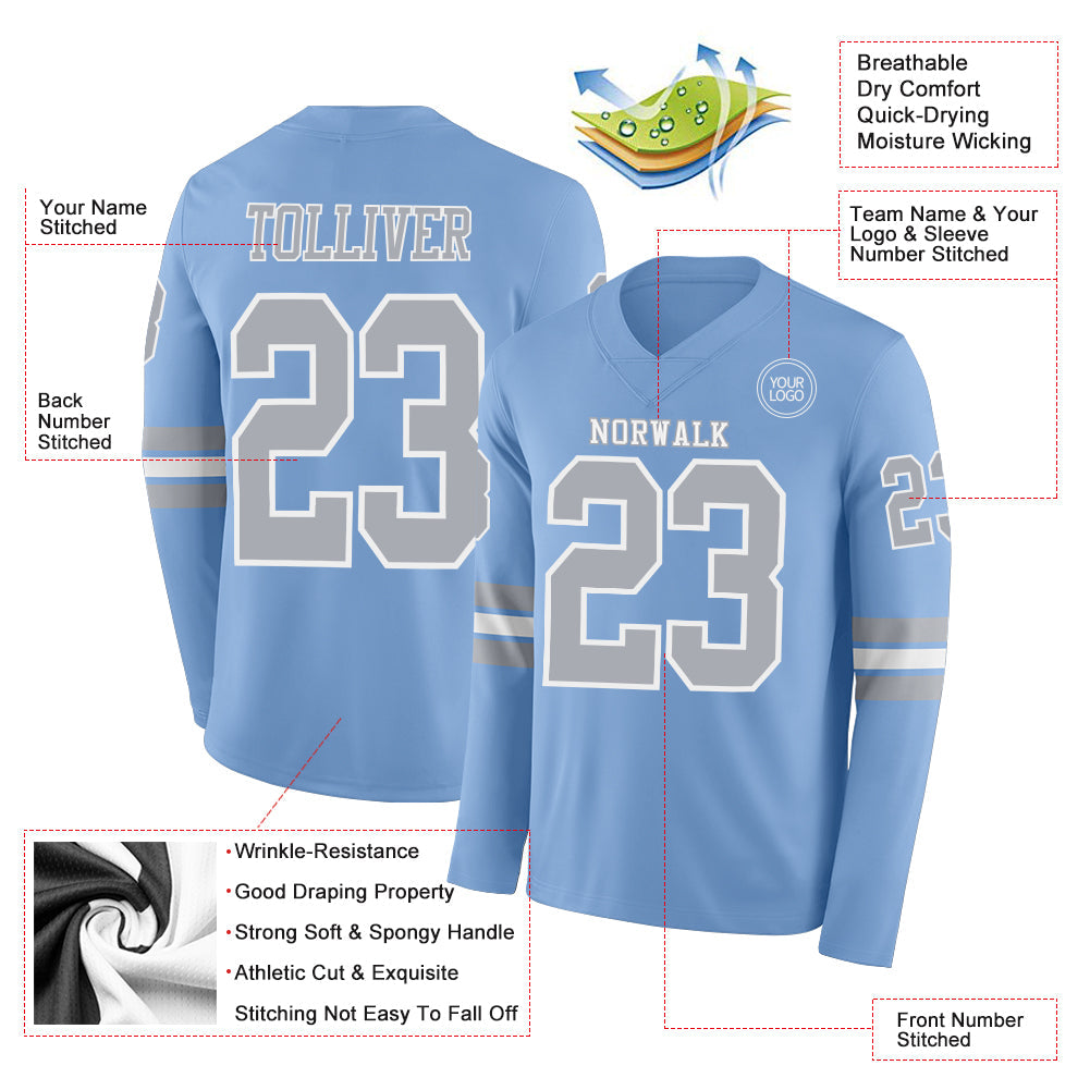 Custom Light Blue Gray-White Long Sleeve Authentic Football Jersey view 2