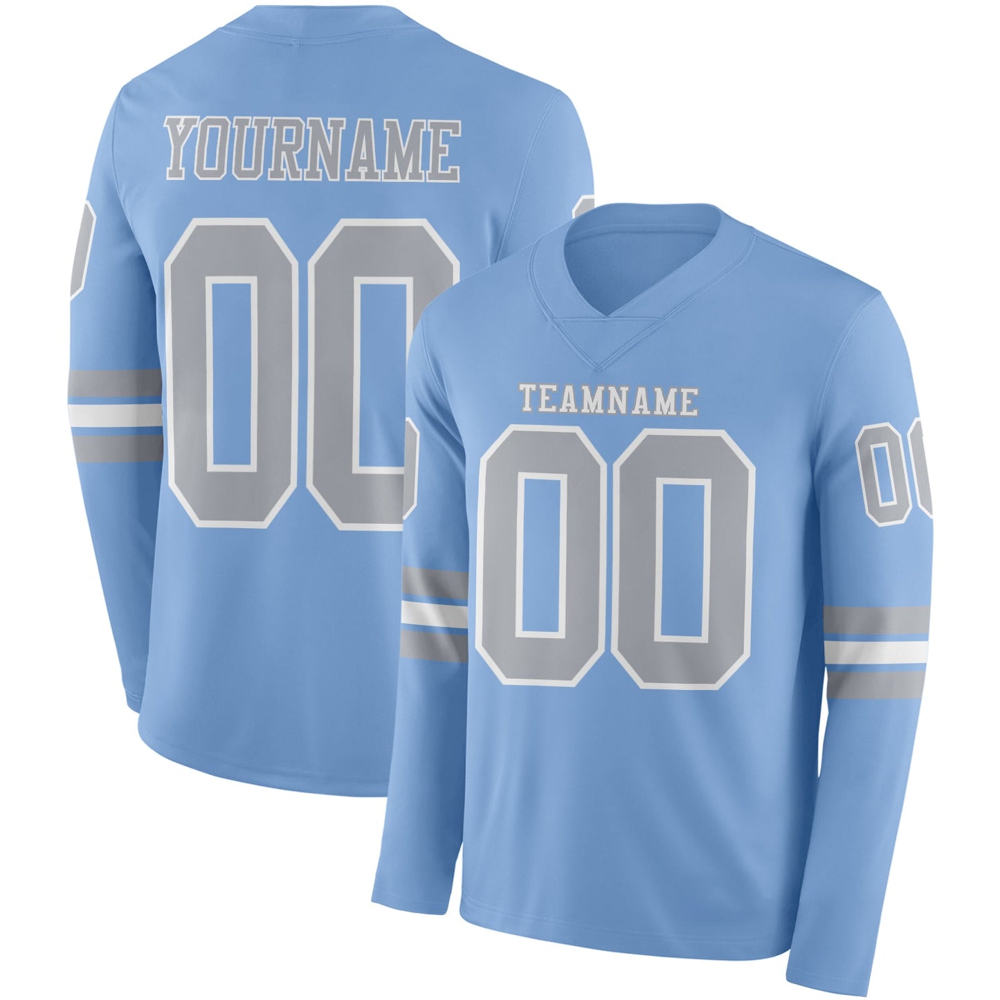 Custom Light Blue Gray-White Long Sleeve Authentic Football Jersey - Main View