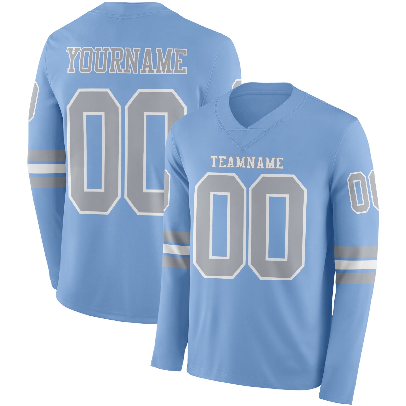 Custom Light Blue Gray-White Long Sleeve Authentic Football Jersey - Main View