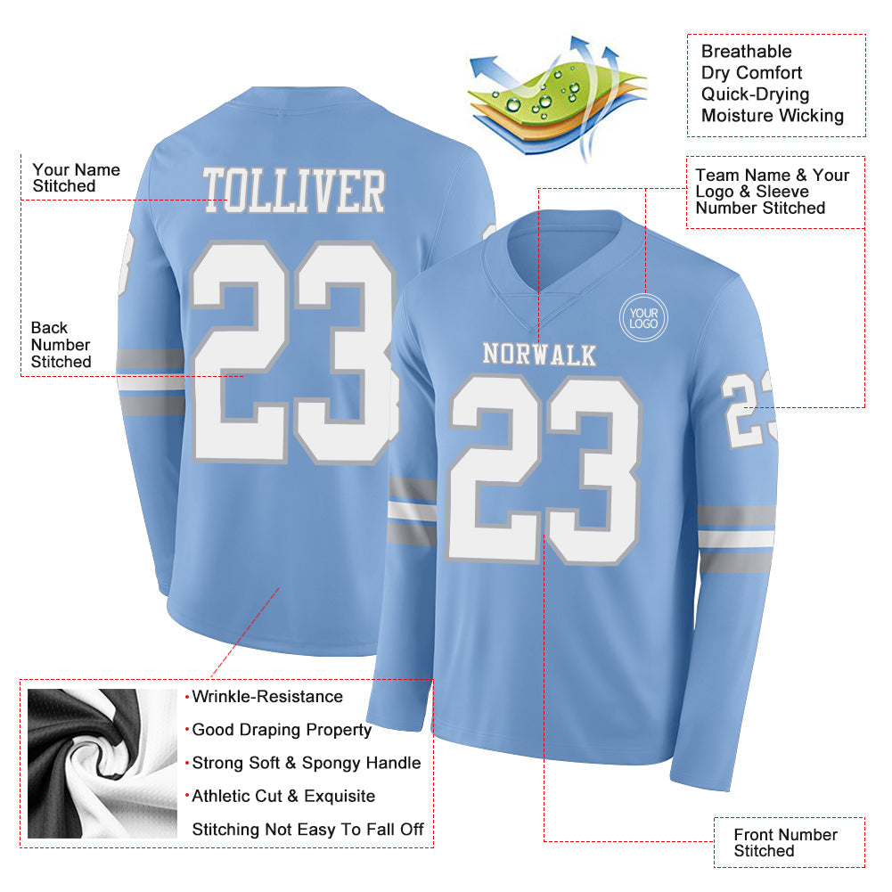 Custom Light Blue White-Gray Long Sleeve Authentic Football Jersey view 2