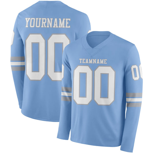 Custom Light Blue White-Gray Long Sleeve Authentic Football Jersey - Main View