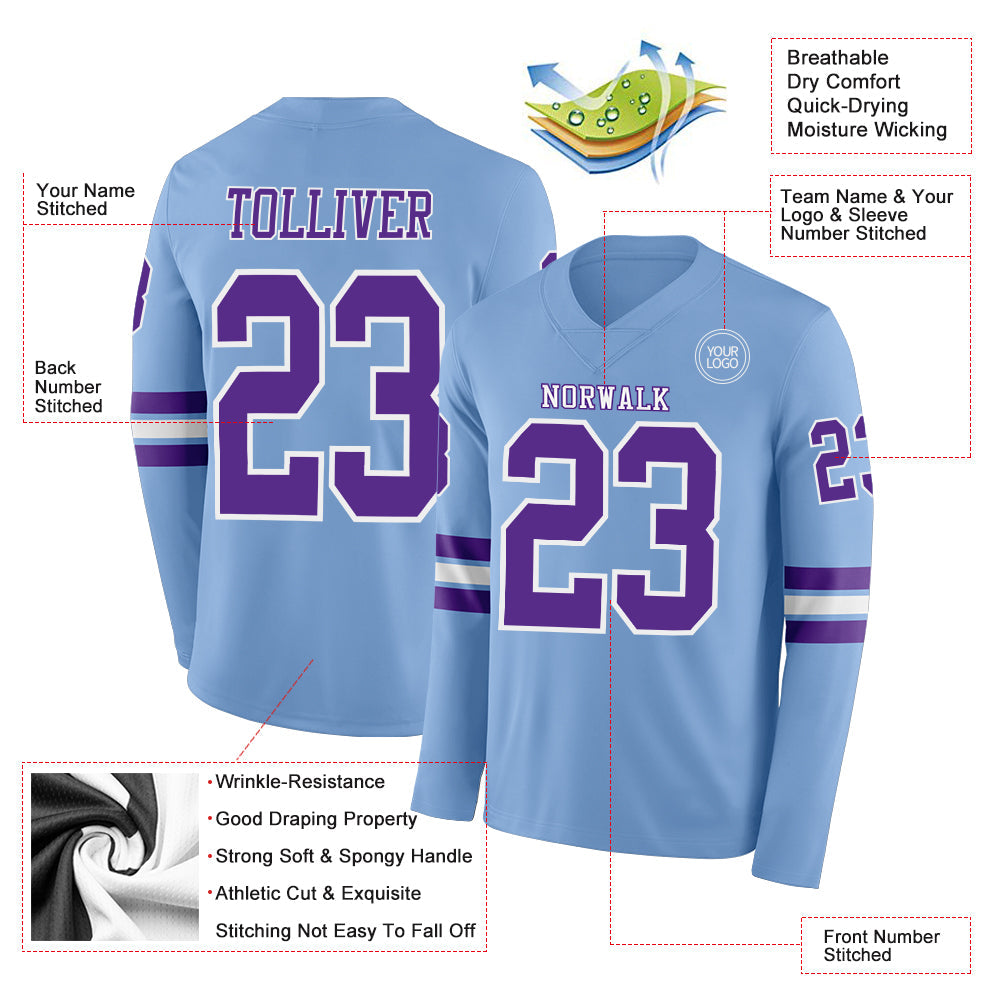Custom Light Blue Purple-White Long Sleeve Authentic Football Jersey view 2