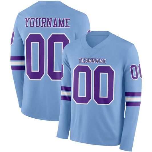 Custom Light Blue Purple-White Long Sleeve Authentic Football Jersey - Main View