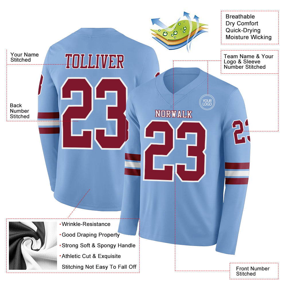 Custom Light Blue Crimson-White Long Sleeve Authentic Football Jersey view 2