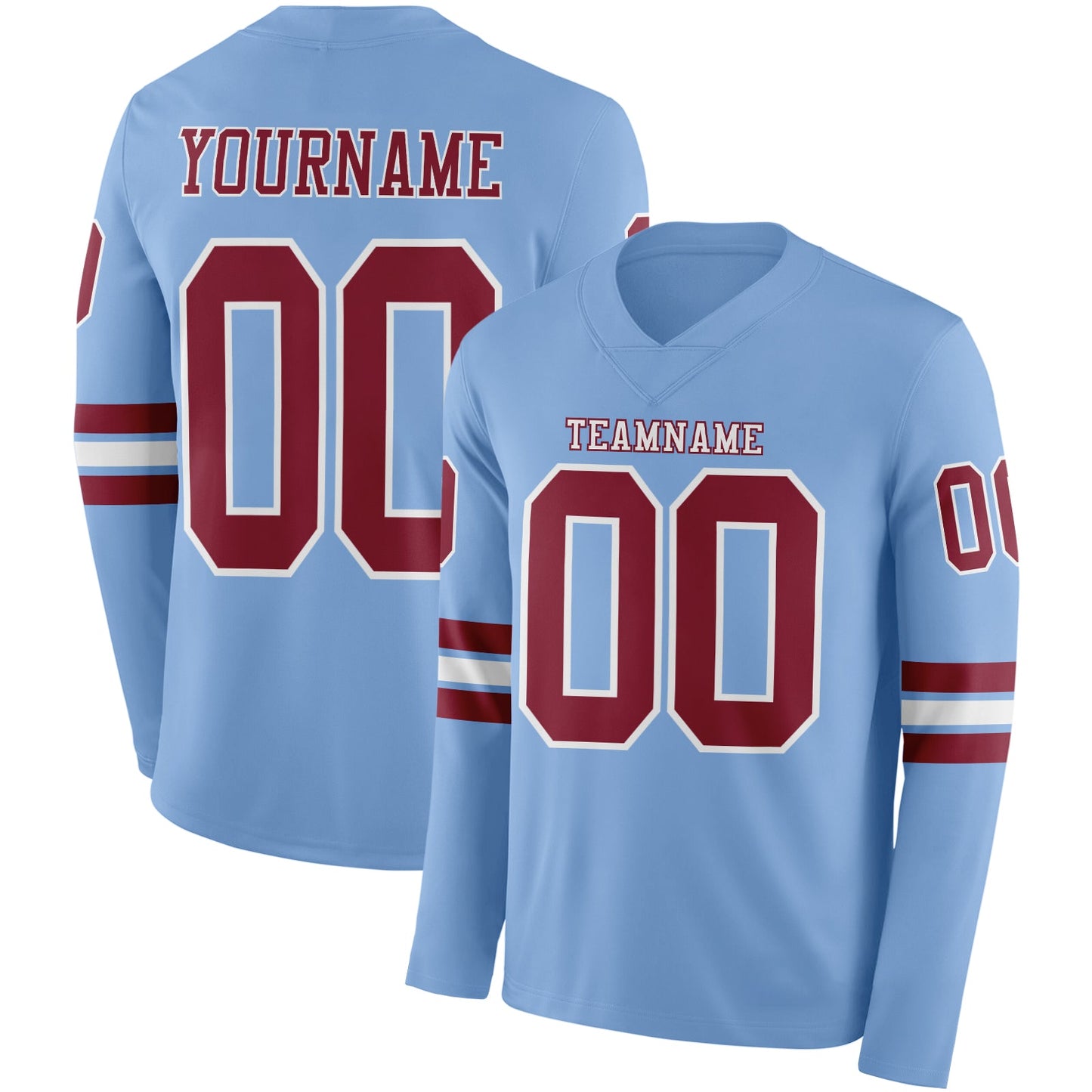 Custom Light Blue Crimson-White Long Sleeve Authentic Football Jersey - Main View