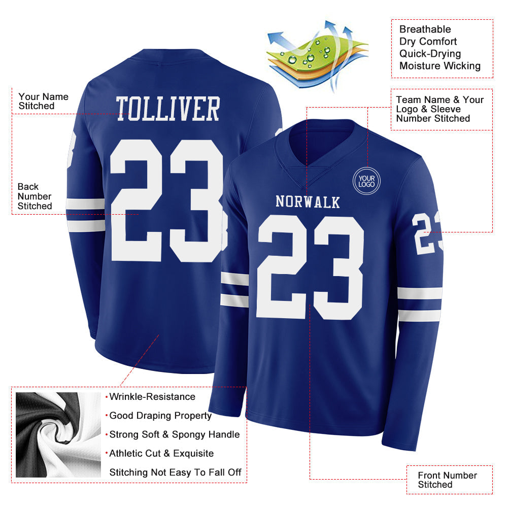 Custom Royal White Long Sleeve Authentic Football Jersey view 2