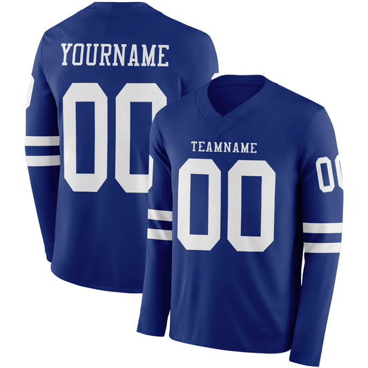 Custom Royal White Long Sleeve Authentic Football Jersey - Main View