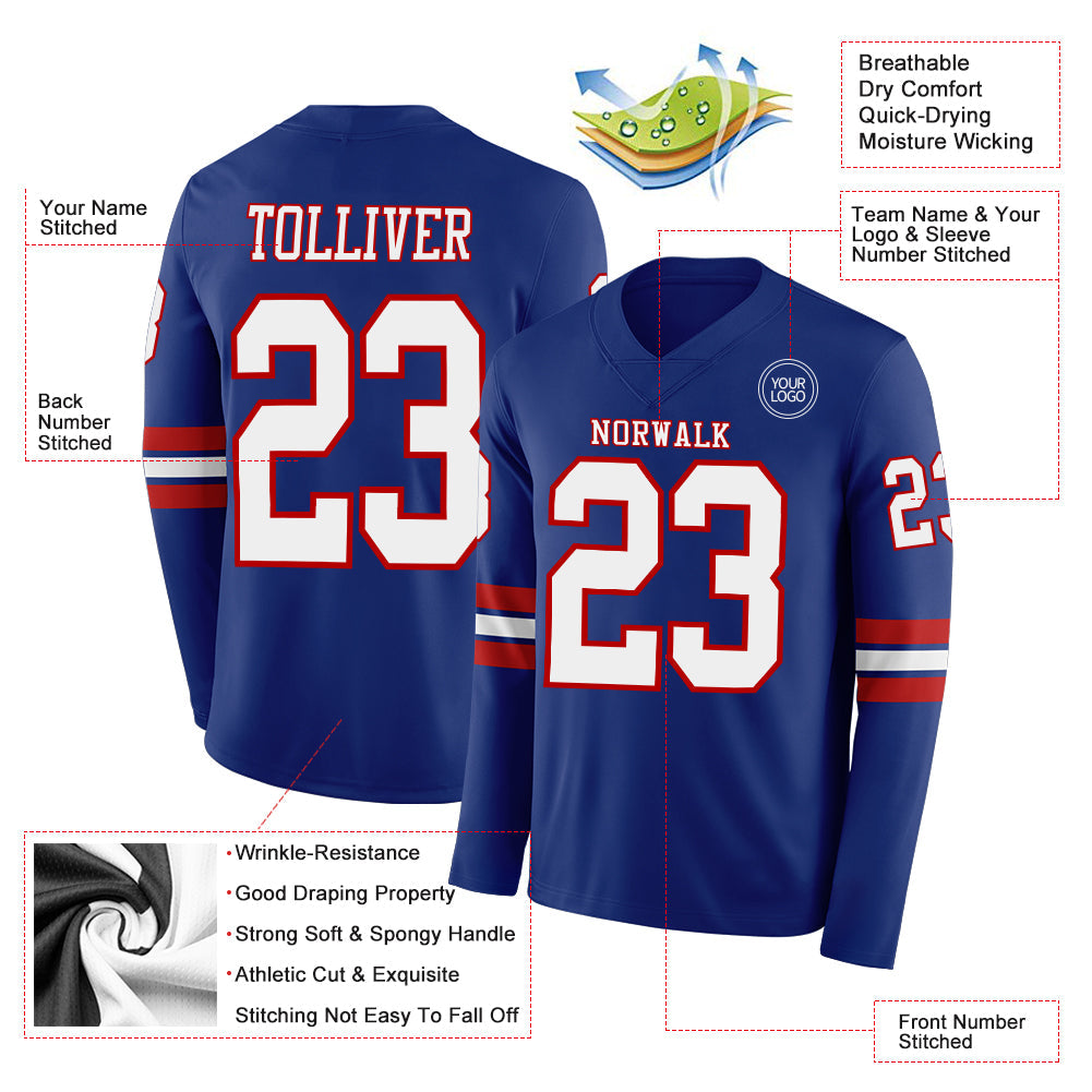 Custom Royal White-Red Long Sleeve Authentic Football Jersey view 2