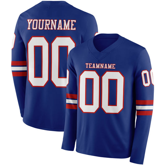 Custom Royal White-Red Long Sleeve Authentic Football Jersey - Main View