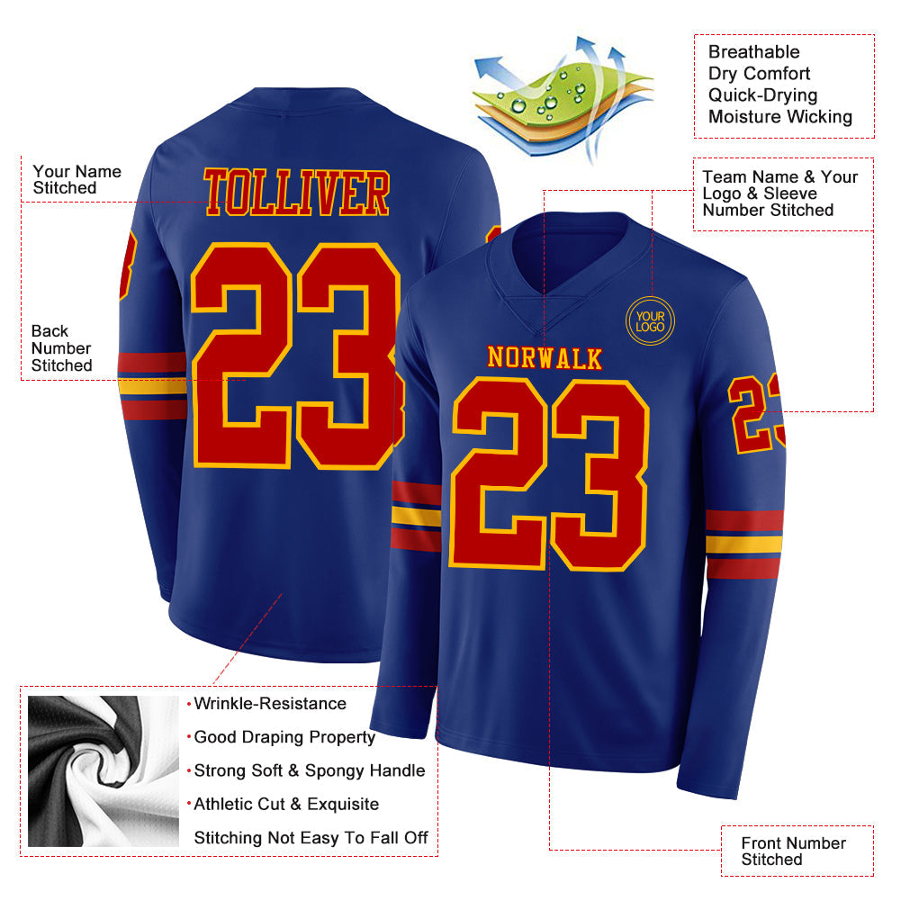 Custom Royal Red-Gold Long Sleeve Authentic Football Jersey view 2