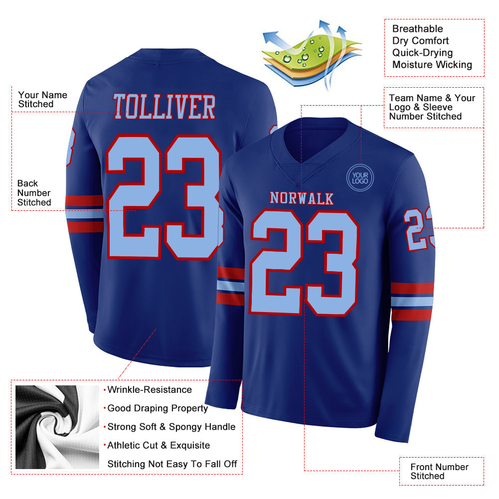 Custom Royal Light Blue-Red Long Sleeve Authentic Football Jersey view 2