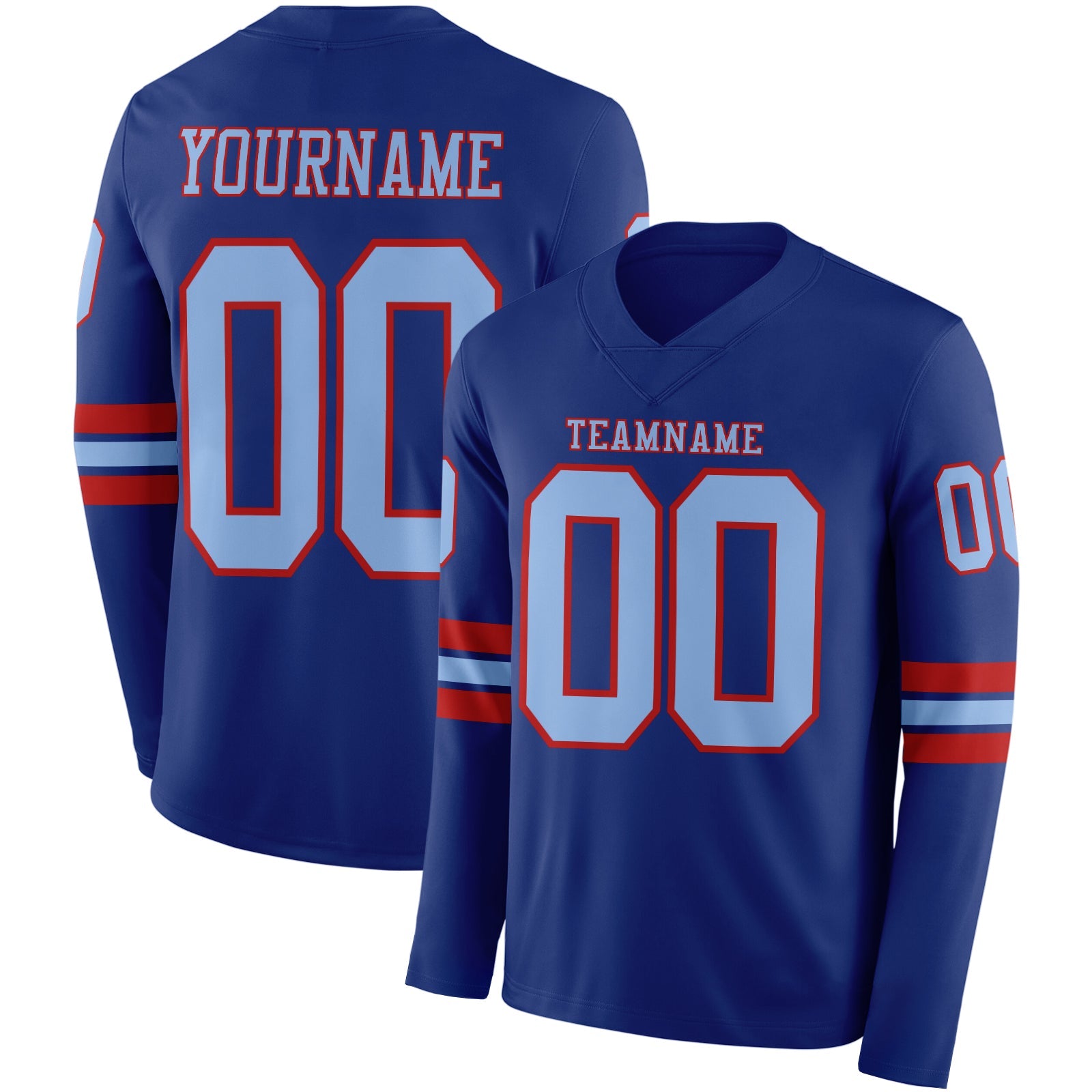 Custom Royal Light Blue-Red Long Sleeve Authentic Football Jersey - Main View
