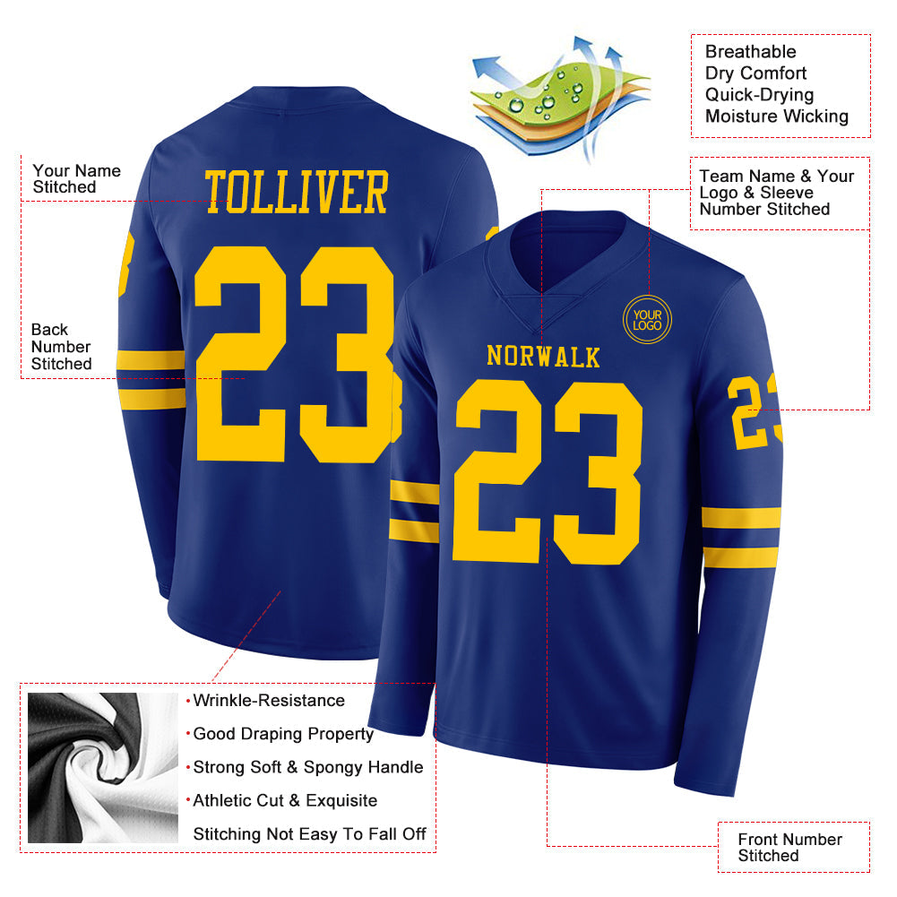 Custom Royal Yellow Long Sleeve Authentic Football Jersey view 2