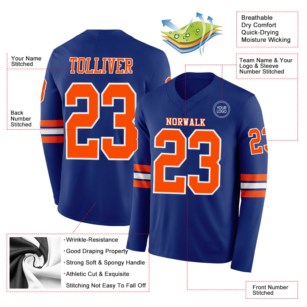 Custom Royal Orange-White Long Sleeve Authentic Football Jersey view 2
