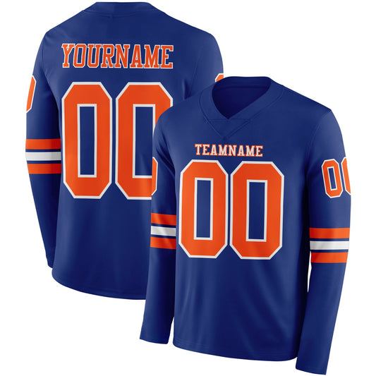Custom Royal Orange-White Long Sleeve Authentic Football Jersey - Main View