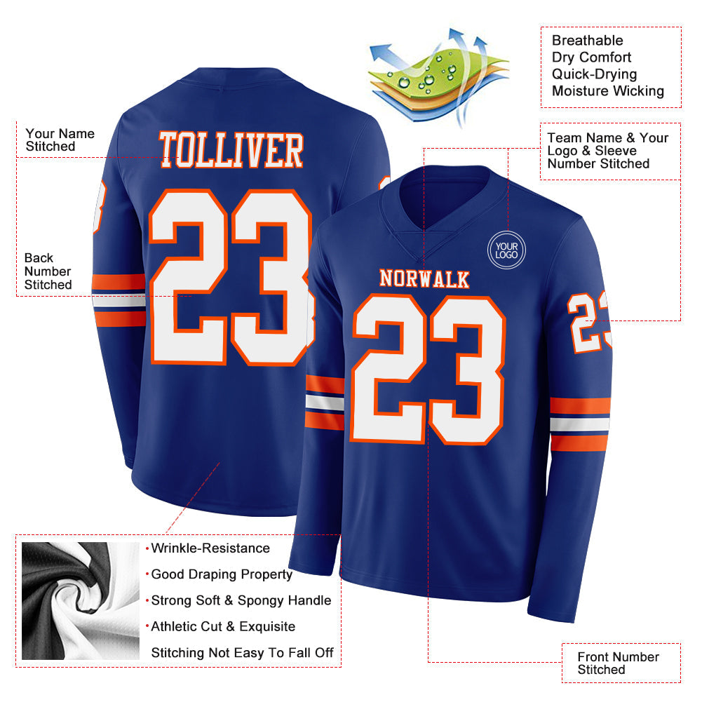 Custom Royal White-Orange Long Sleeve Authentic Football Jersey view 2