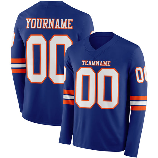 Custom Royal White-Orange Long Sleeve Authentic Football Jersey - Main View