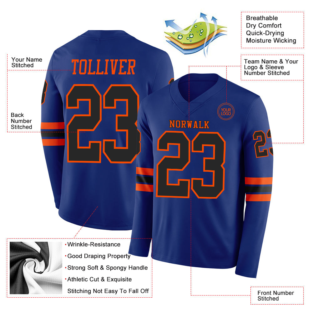 Custom Royal Black-Orange Long Sleeve Authentic Football Jersey view 2