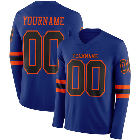Custom Royal Black-Orange Long Sleeve Authentic Football Jersey - Main View