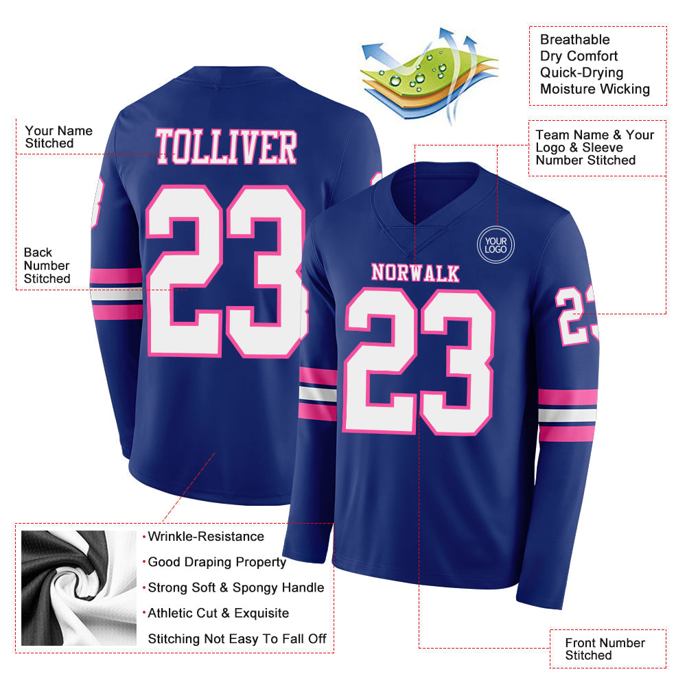 Custom Royal White-Pink Long Sleeve Authentic Football Jersey view 2