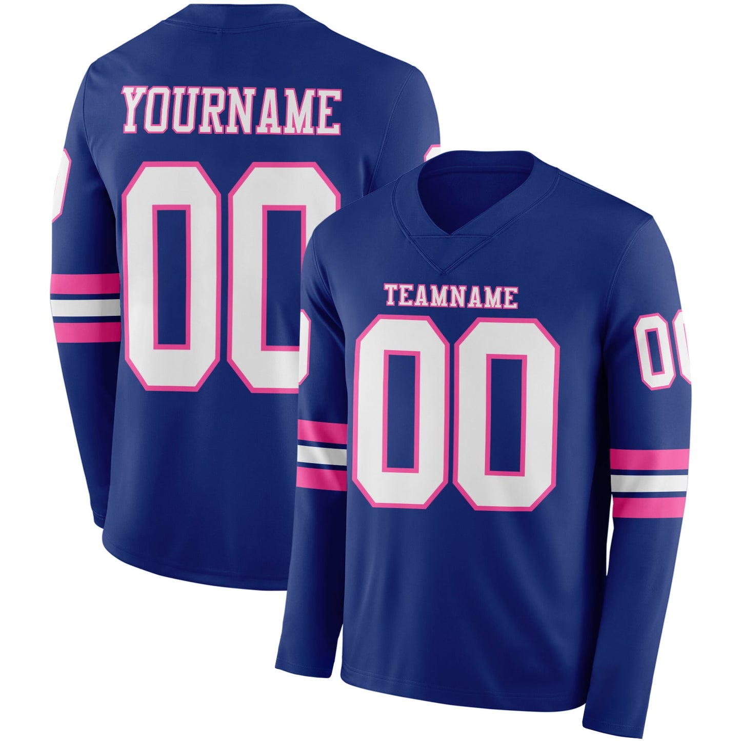 Custom Royal White-Pink Long Sleeve Authentic Football Jersey - Main View