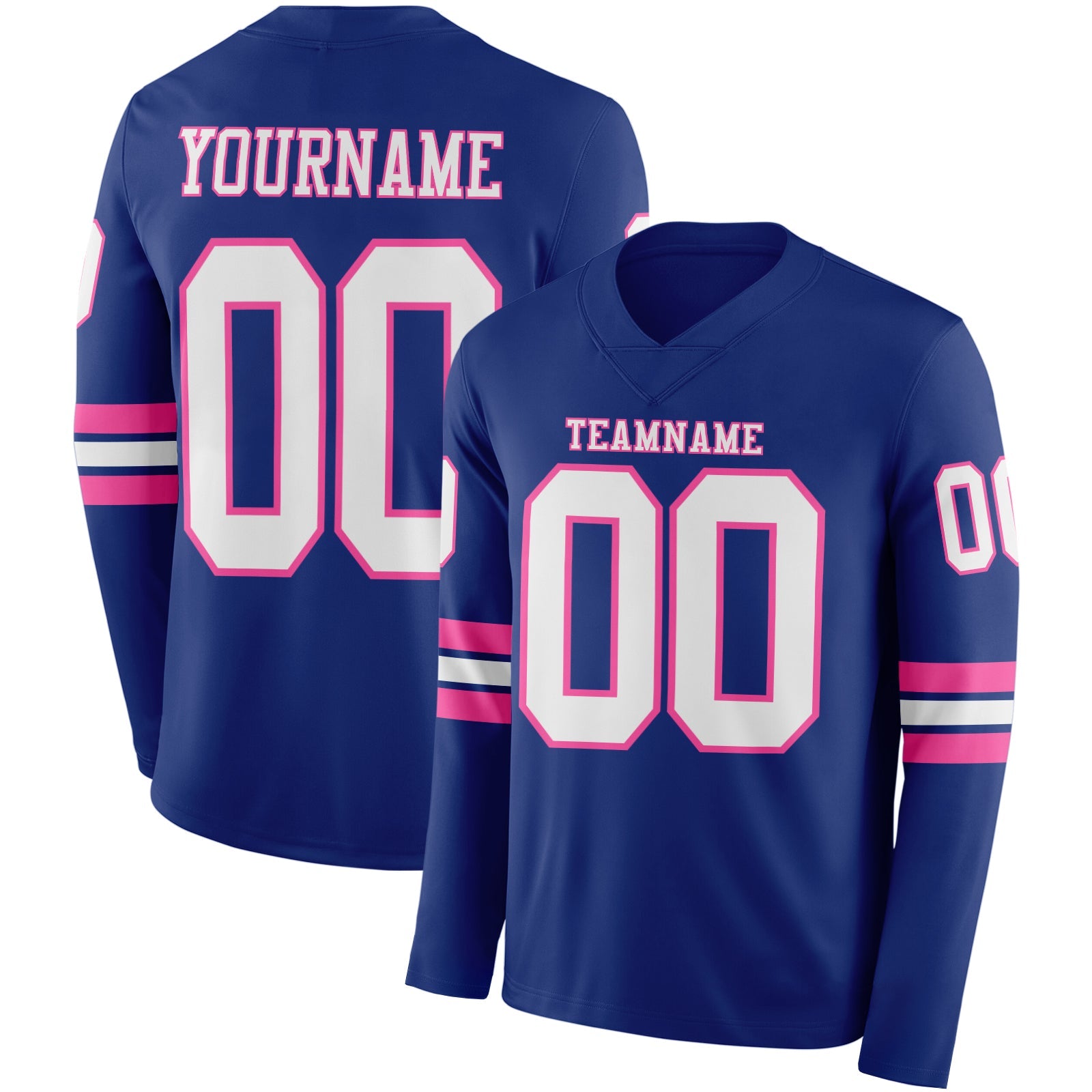 Custom Royal White-Pink Long Sleeve Authentic Football Jersey - Main View