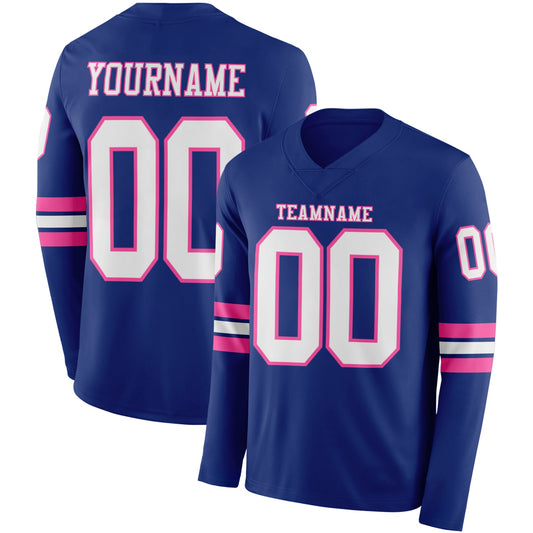 Custom Royal White-Pink Long Sleeve Authentic Football Jersey - Main View