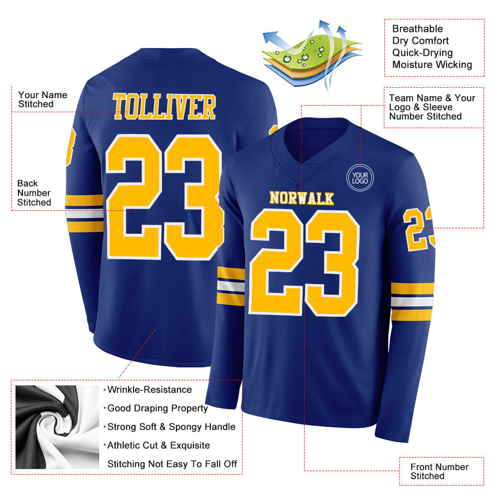 Custom Royal Gold-White Long Sleeve Authentic Football Jersey view 2