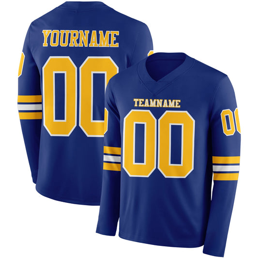 Custom Royal Gold-White Long Sleeve Authentic Football Jersey - Main View