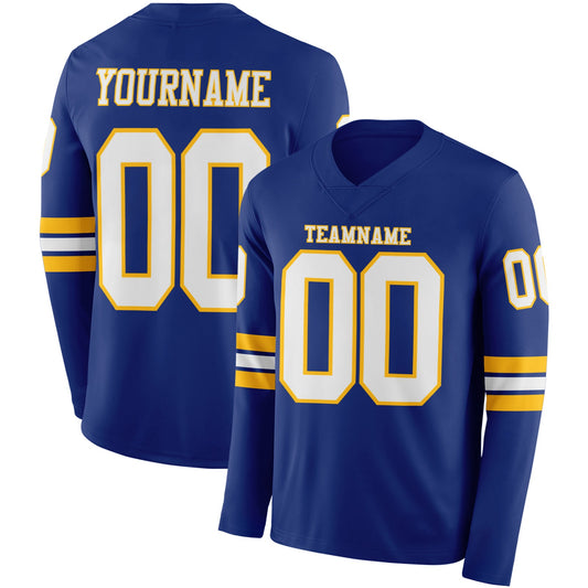 Custom Royal White-Gold Long Sleeve Authentic Football Jersey - Main View